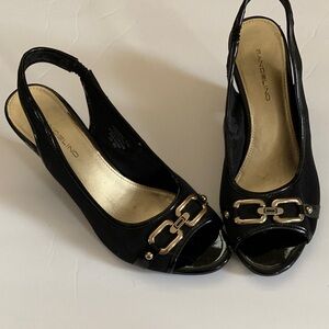 Bandolino Black Peep-Toe Slingback Heels with Gold Accents